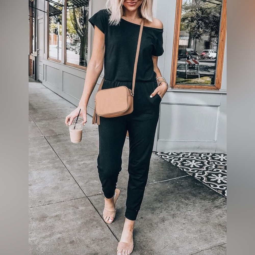 ANRABESS Black Jumpsuits for Women Loose Fit, Off the Shoulder.